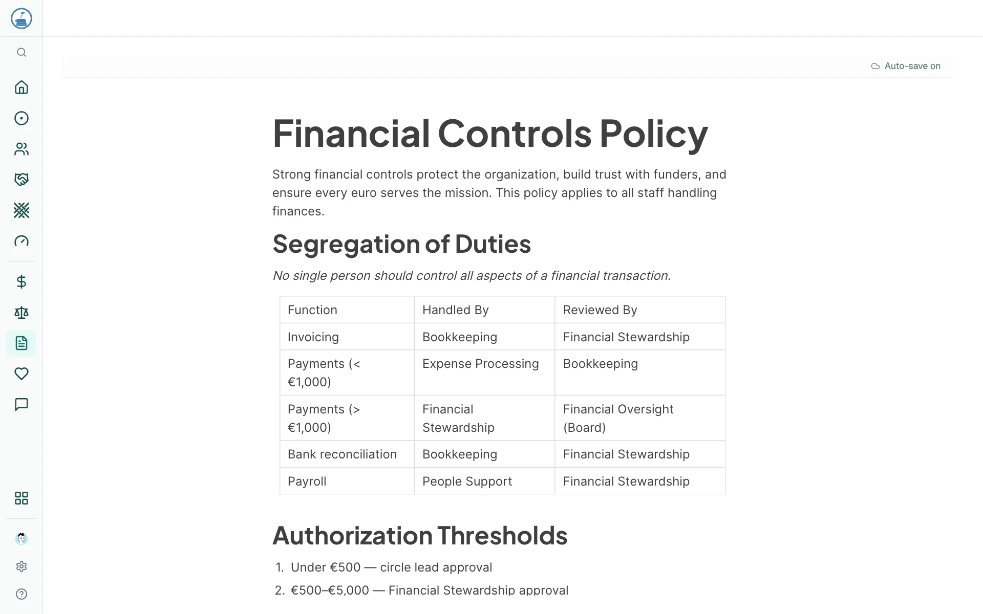 A financial controls policy page