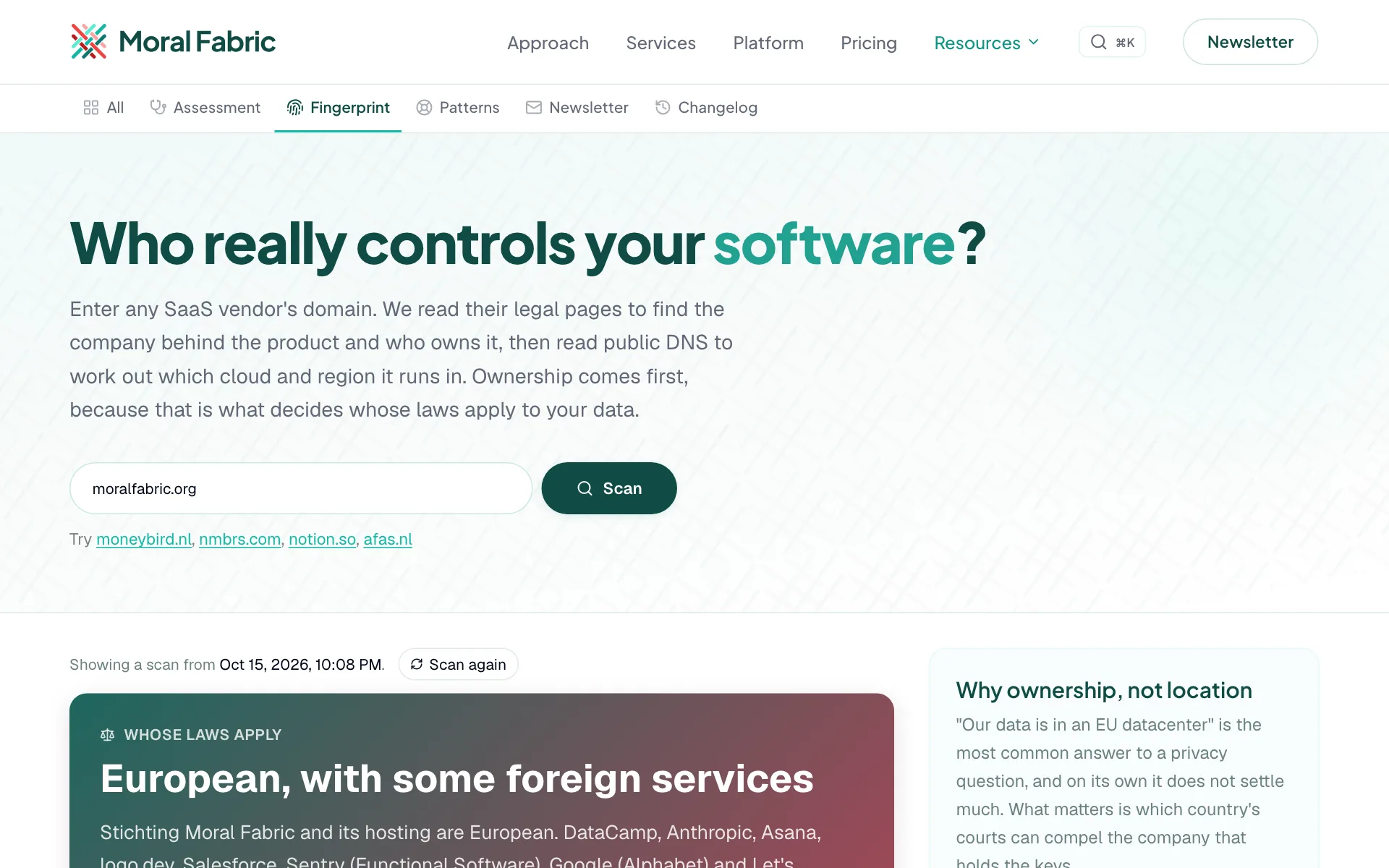 Fingerprint scan showing which countries control a domain's software